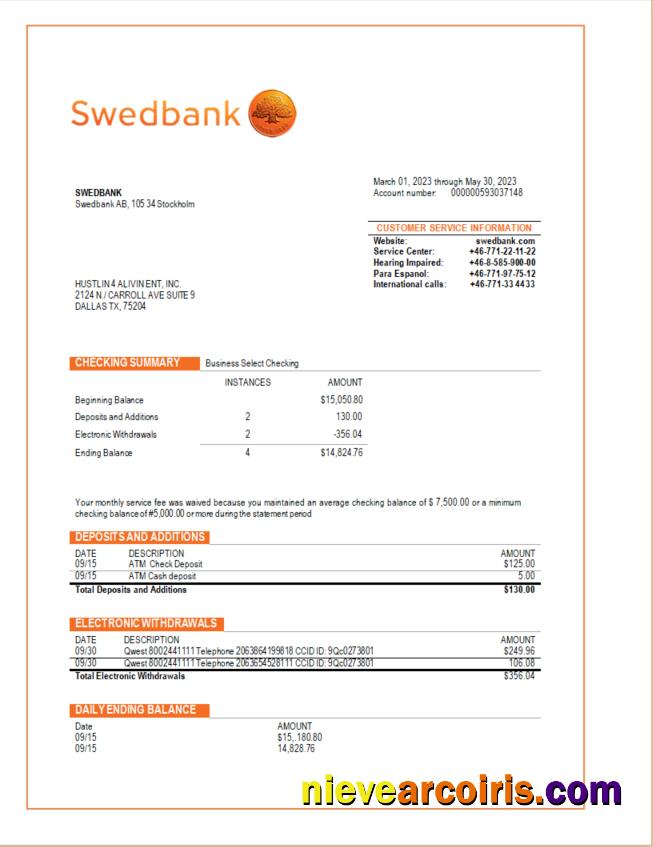 Swedbank business checking account statement